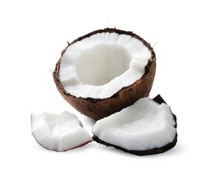 Photo of Fresh ripe broken coconut on white background
