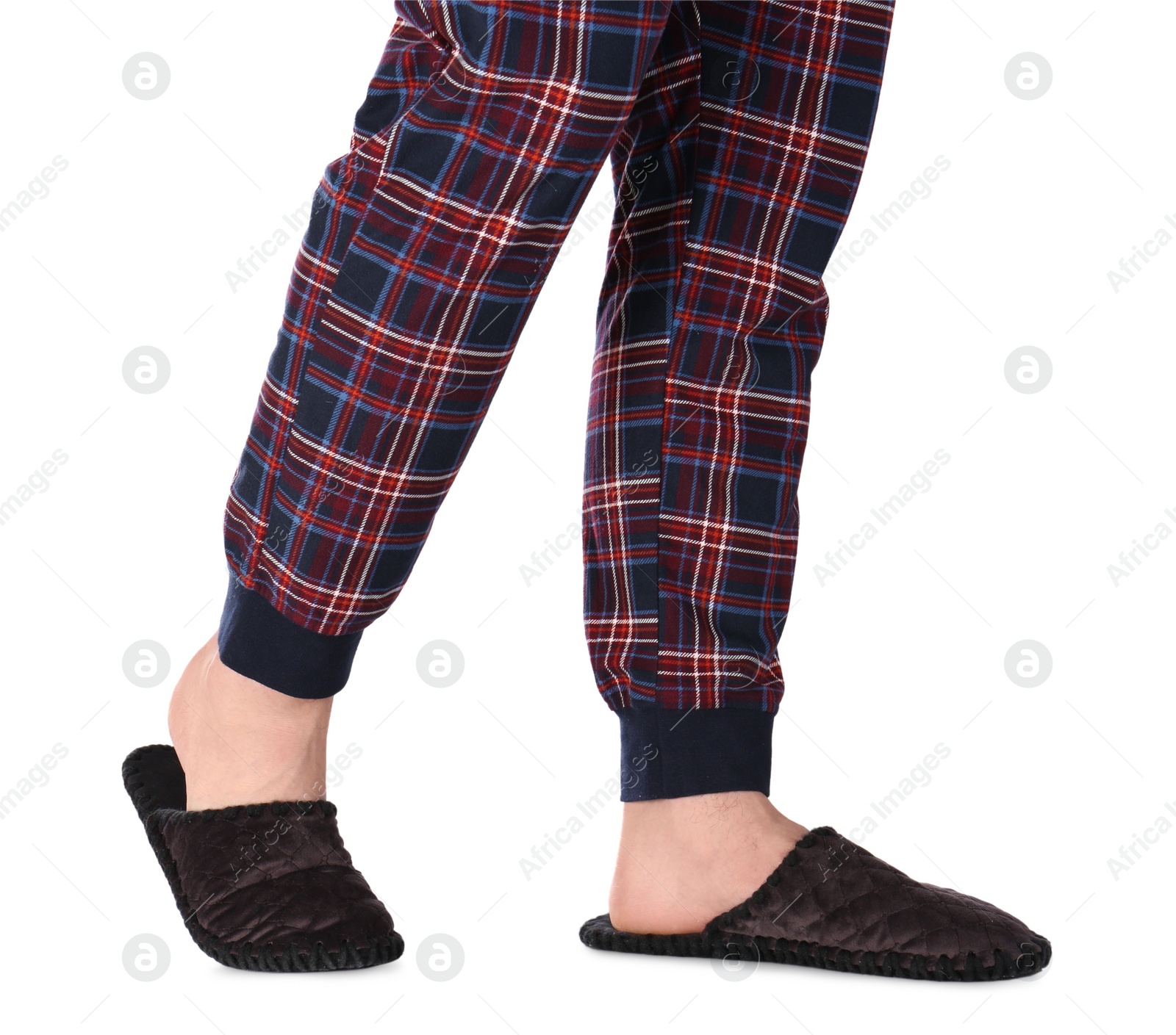 Photo of Man in warm soft slippers on white background, closeup