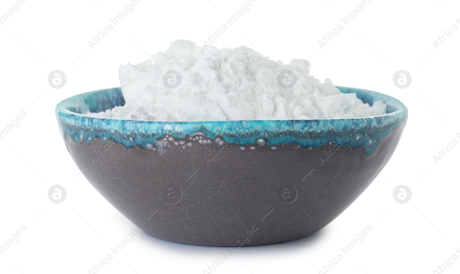 Photo of Bowl with corn starch on white background