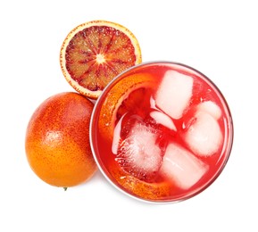 Tasty sicilian orange juice with ice cubes in glass and fruit on white background, top view