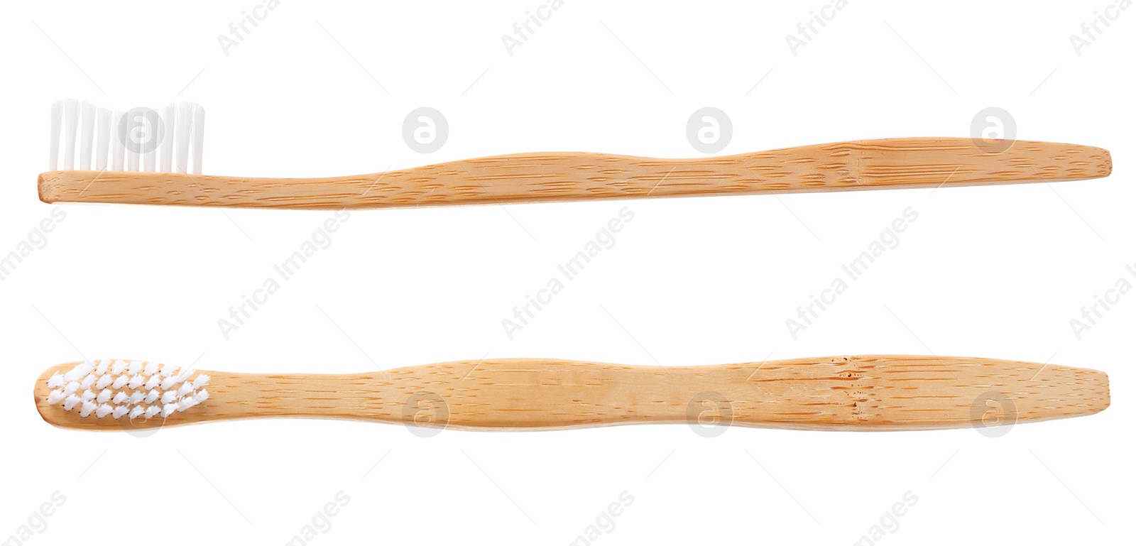 Image of Bamboo toothbrushes with soft bristles on white background 