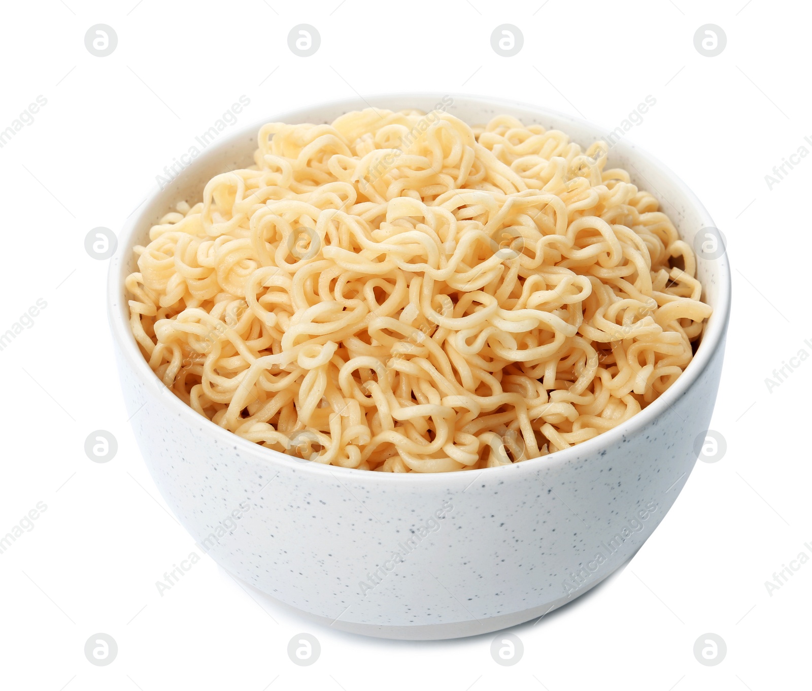 Photo of Tasty instant noodles in bowl isolated on white