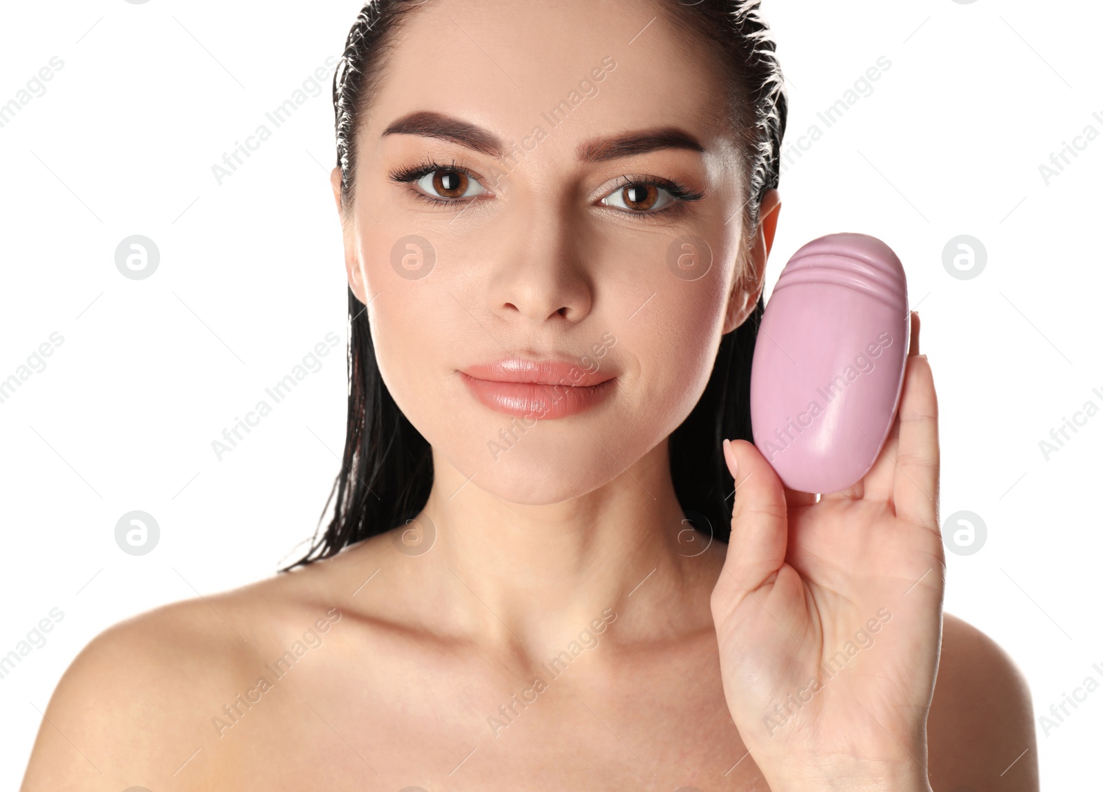 Photo of Young woman with soap bar on white background