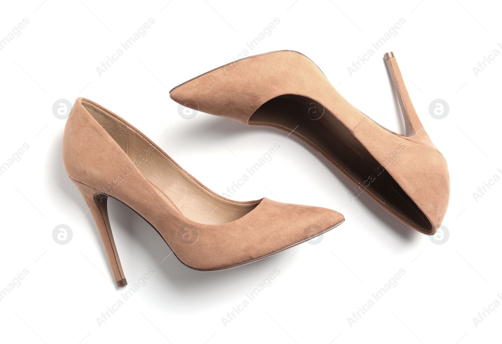 Photo of Pair of beautiful shoes on white background, top view