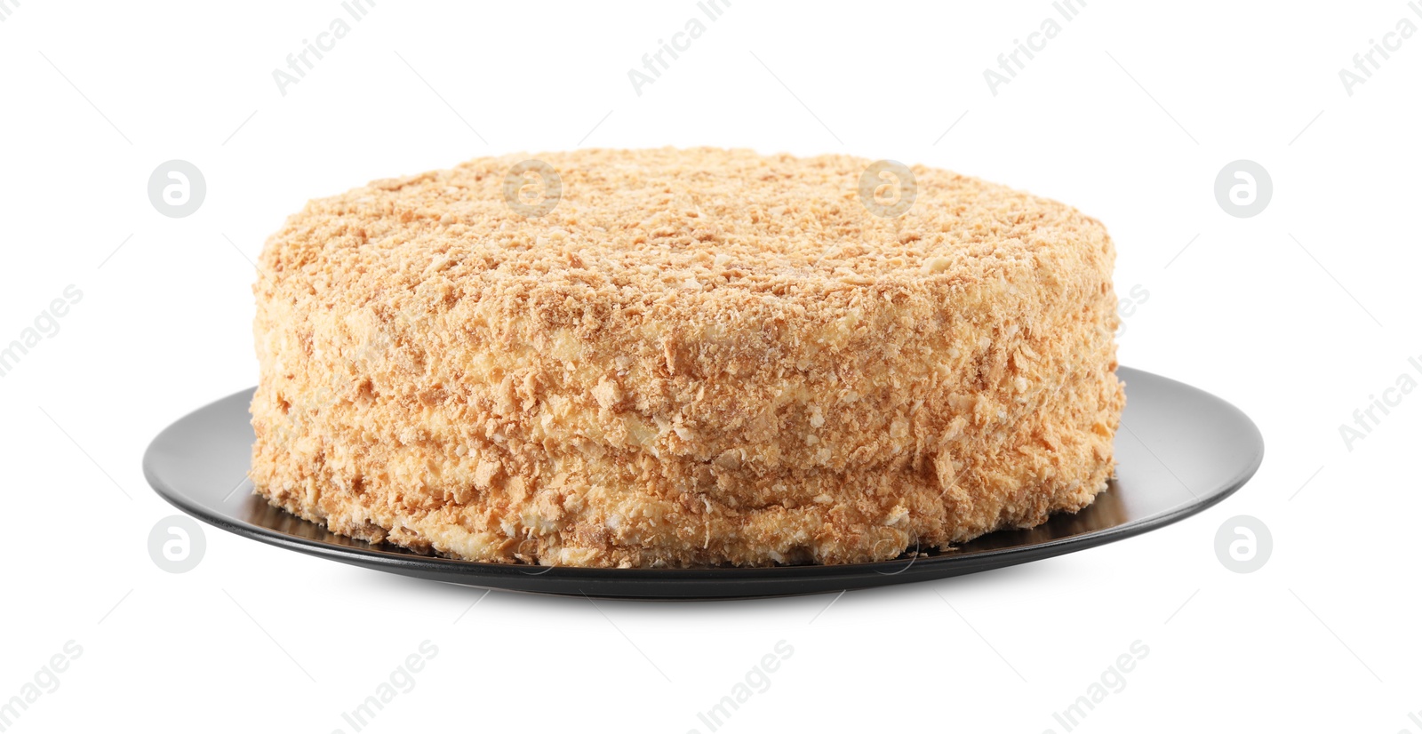 Photo of Delicious freshly baked Napoleon cake isolated on white