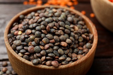 Raw lentils in bowl on table, closeup