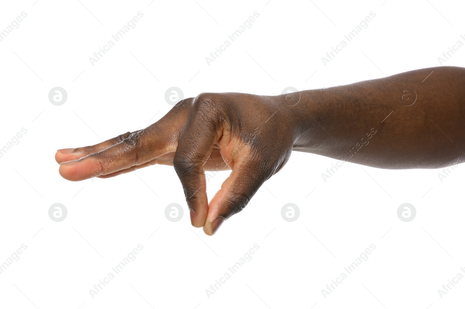 Photo of African-American man holding something in hand on white background, closeup