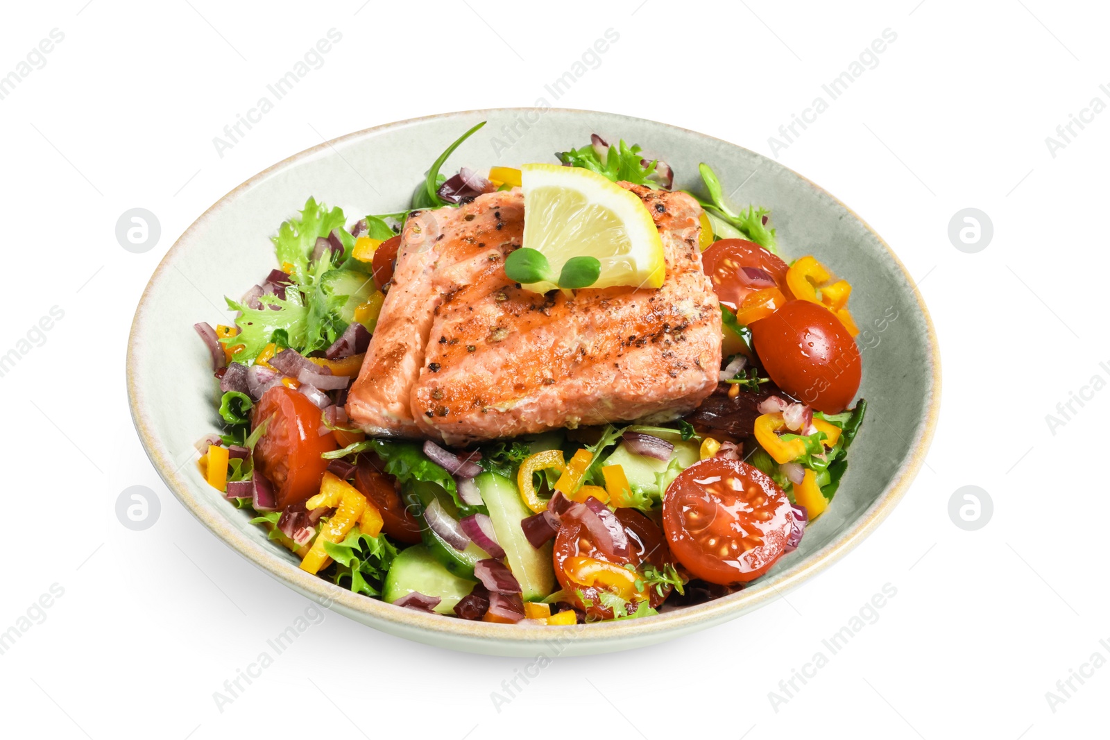 Photo of Bowl with tasty salmon piece, lemon and mixed vegetables on white background