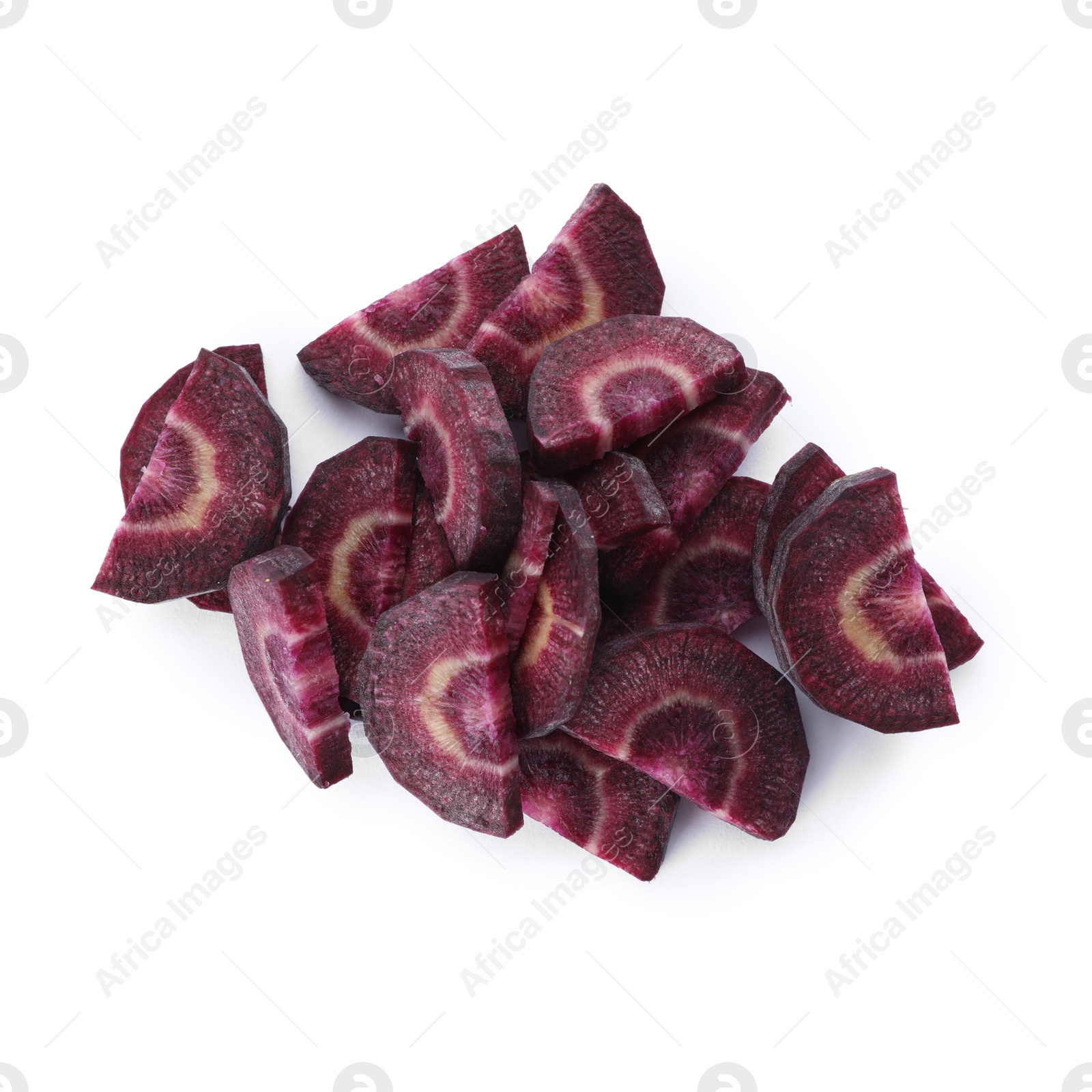 Photo of Slices of raw purple carrot isolated on white, top view