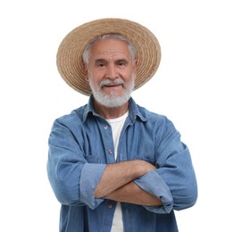 Farmer with crossed arms on white background. Harvesting season