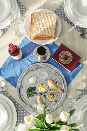 Photo of Table served for Passover (Pesach) Seder, top view