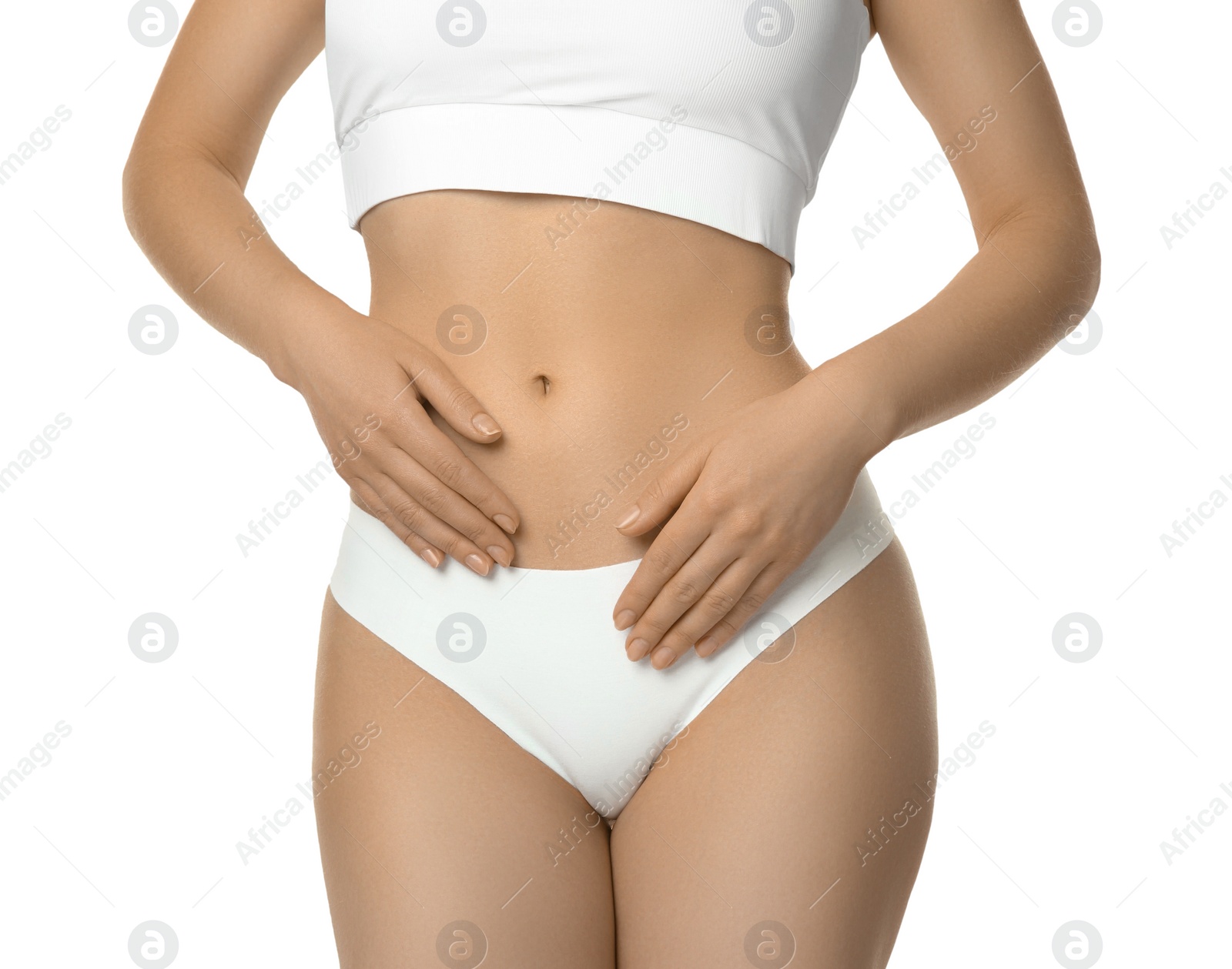 Photo of Gynecology. Woman in underwear on white background, closeup