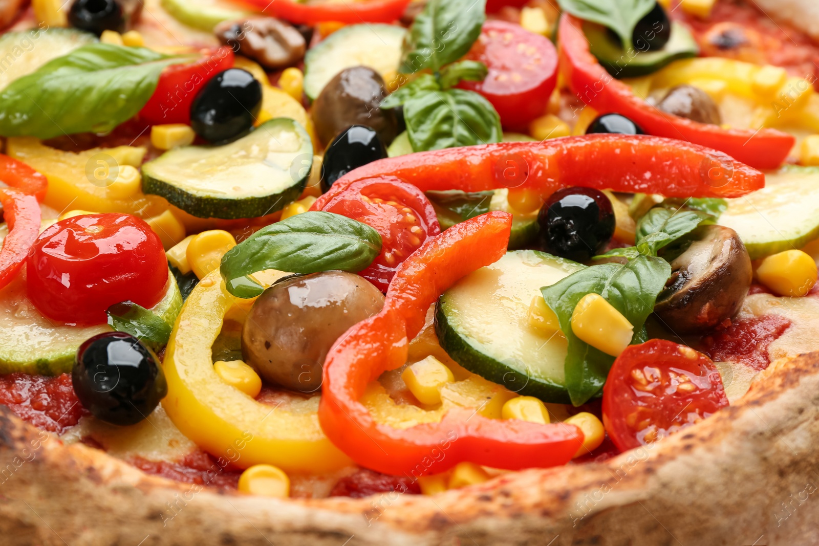 Photo of Delicious fresh vegetable pizza as background, closeup