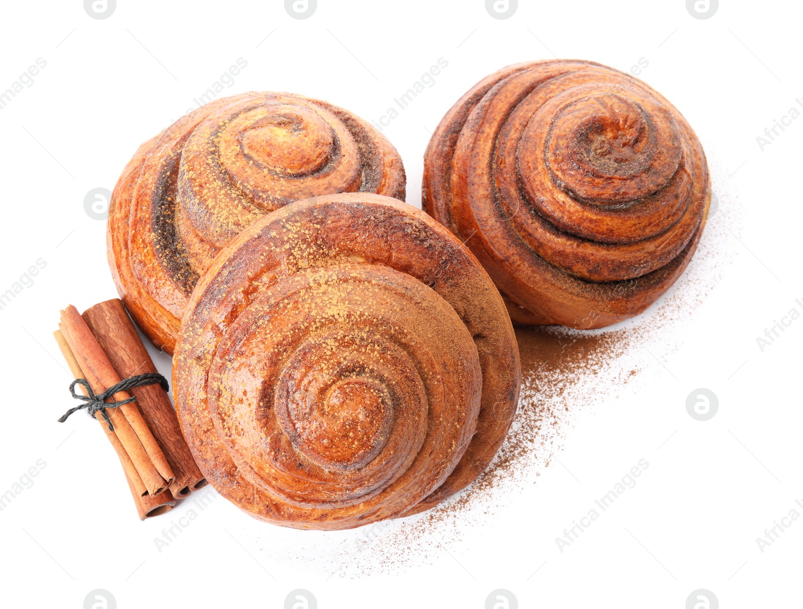 Photo of Freshly baked cinnamon rolls on white background