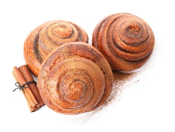 Freshly baked cinnamon rolls on white background