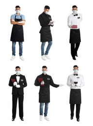 Collage with photos of waiter wearing medical mask on white background. Protective measures during coronavirus outbreak