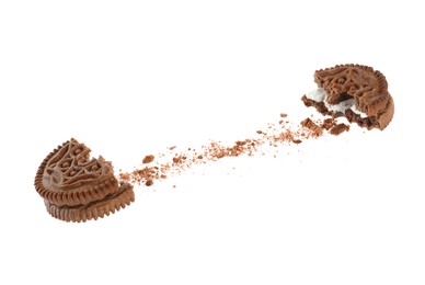 Photo of Broken tasty chocolate sandwich cookie with cream on white background