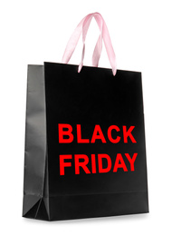 Paper shopping bag with phrase BLACK FRIDAY on white background