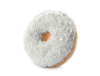 Photo of Tasty donut with coconut shavings on white background