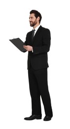 Handsome man with clipboard on white background