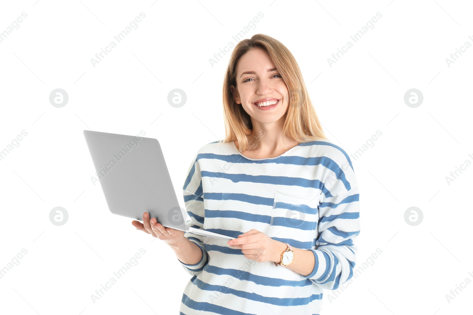 Photo of Portrait of young woman in casual outfit with laptop on white background