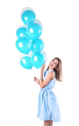 Photo of Young woman with air balloons on white background