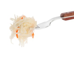 Photo of Fork with tasty sauerkraut on white background