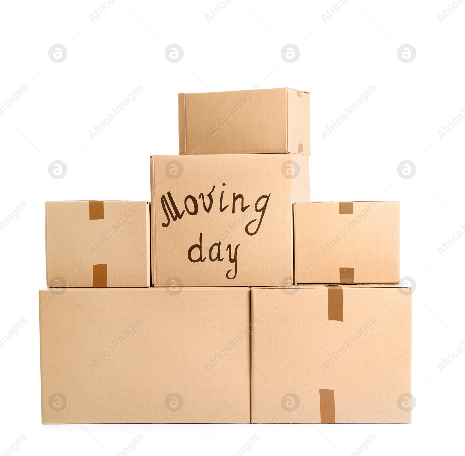 Photo of Cardboard boxes on white background. Moving day