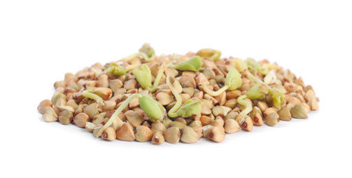 Photo of Pile of sprouted green buckwheat isolated on white