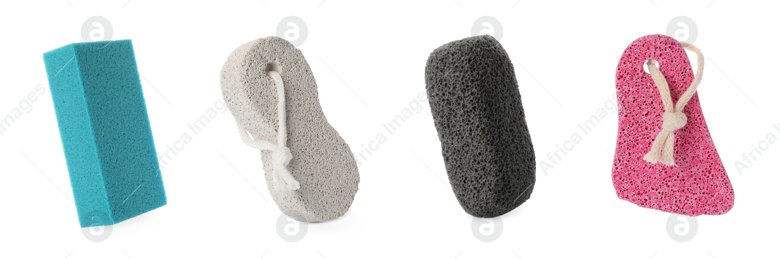 Image of Set with different pumice stones on white background, banner design. Pedicure tool