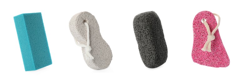 Set with different pumice stones on white background, banner design. Pedicure tool