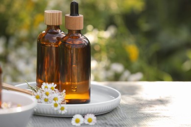 Bottles of chamomile essential oil and flowers on grey wooden table, space for text