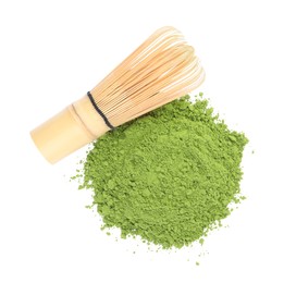 Photo of Pile of green matcha powder and bamboo whisk isolated on white, top view