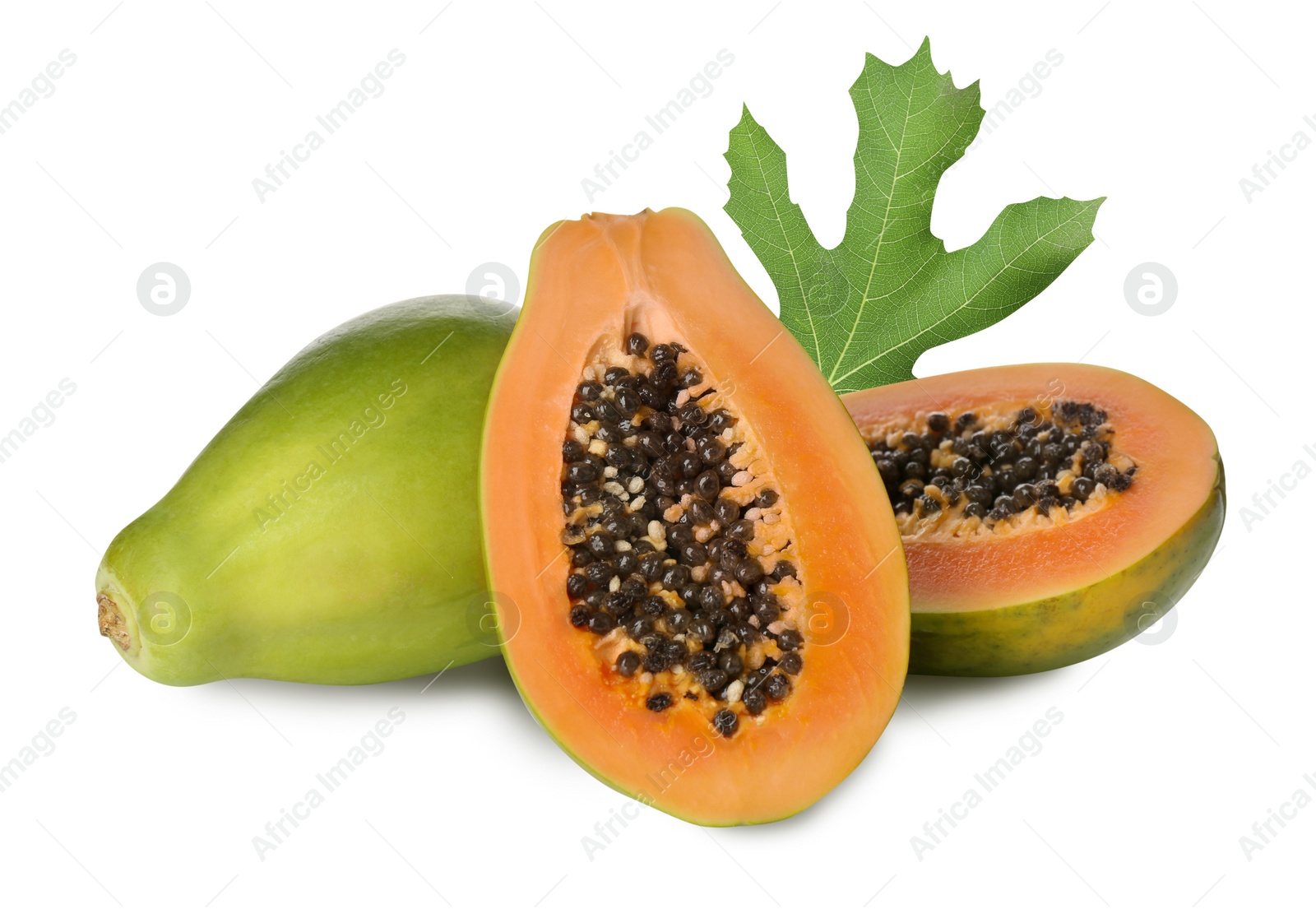 Image of Fresh ripe papaya fruits and green leaf on white background