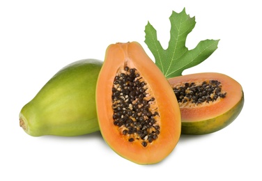 Image of Fresh ripe papaya fruits and green leaf on white background