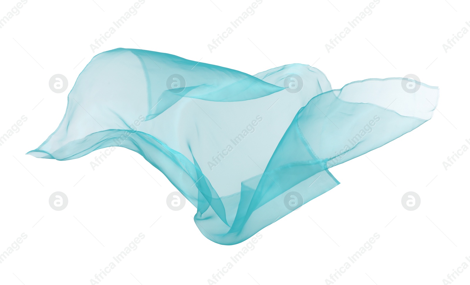 Photo of Beautiful turquoise tulle fabric flying on white background