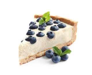 Photo of Piece of tasty blueberry cake on white background