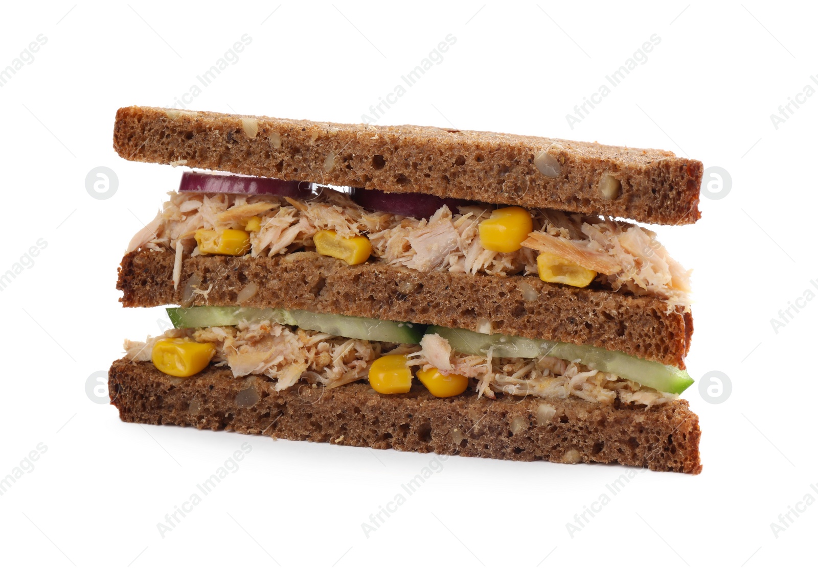 Photo of Delicious sandwich with tuna and vegetables on white background