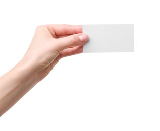 Photo of Woman holding blank business card on white background, closeup. Space for text