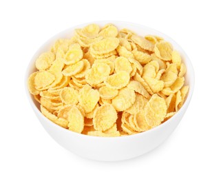 Breakfast cereal. Tasty corn flakes in bowl isolated on white