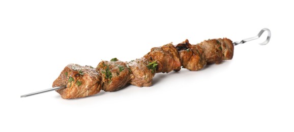 Photo of Metal skewer with delicious meat on white background