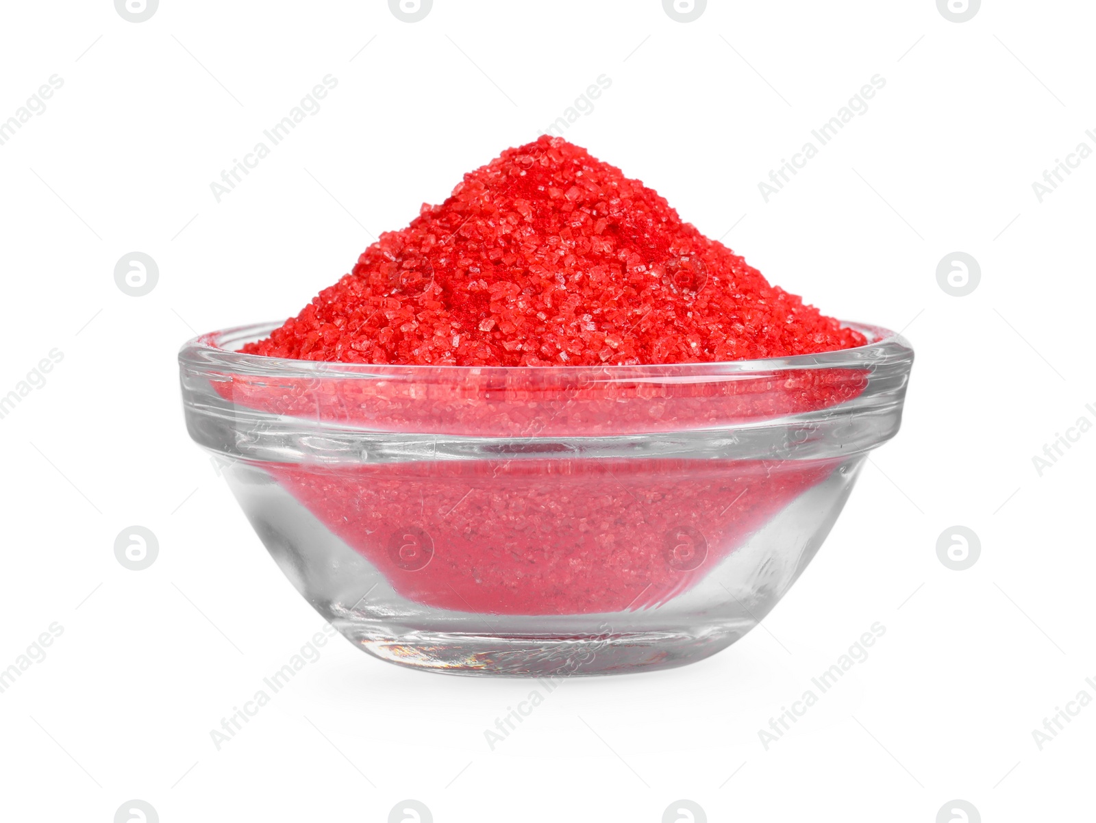 Photo of Glass bowl with bright red food coloring isolated on white