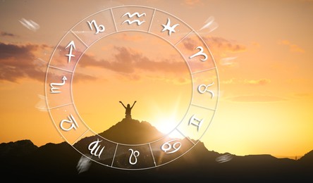 Zodiac wheel and photo of woman in mountains under sunset sky, space for text. Banner design