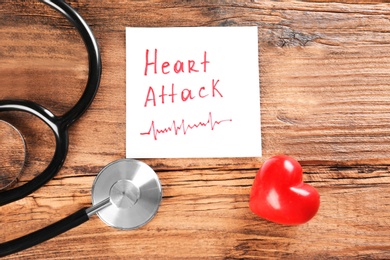 Photo of Stethoscope, note with phrase "HEART ATTACK" and small red heart on wooden background