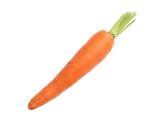 Photo of Fresh ripe carrot on white background, top view