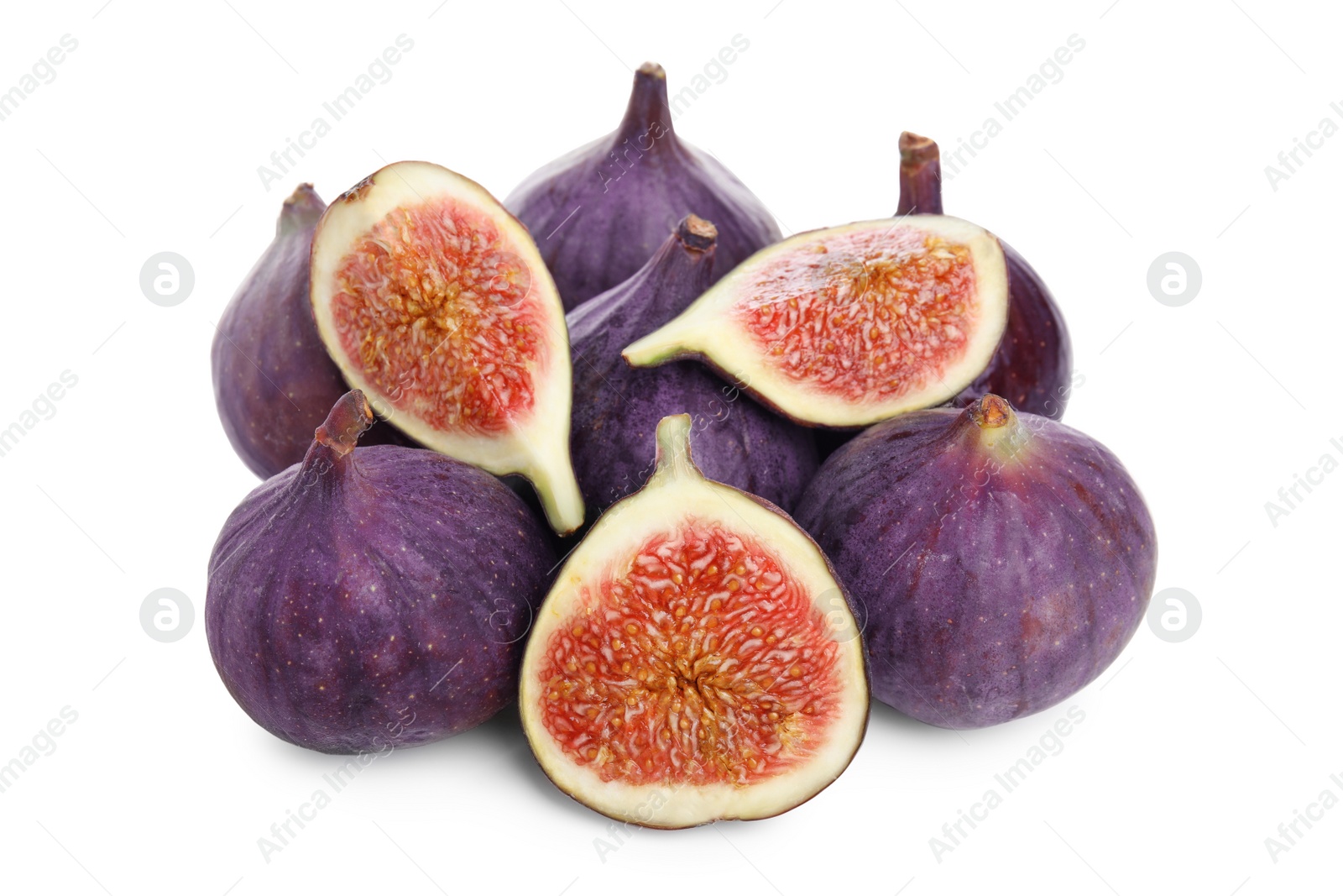 Photo of Whole and cut fresh ripe figs isolated on white