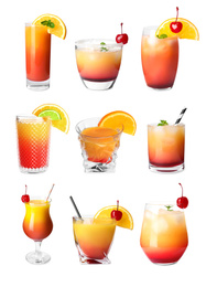 Image of Set of Tequila Sunrise cocktails on white background