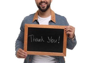 Photo of Man holding small chalkboard with phrase Thank You on white background, closeup
