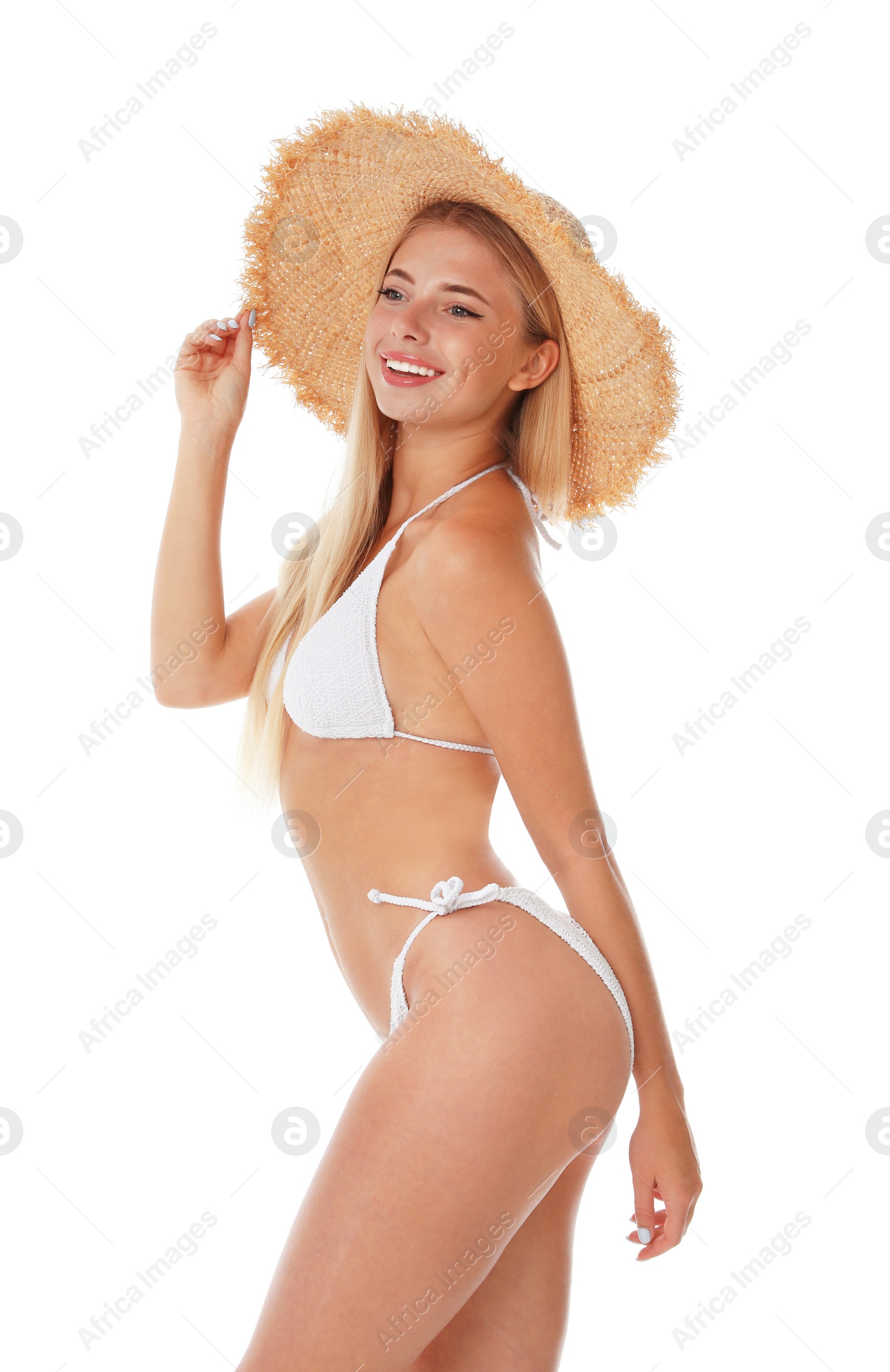 Photo of Pretty young woman wearing stylish bikini on white background