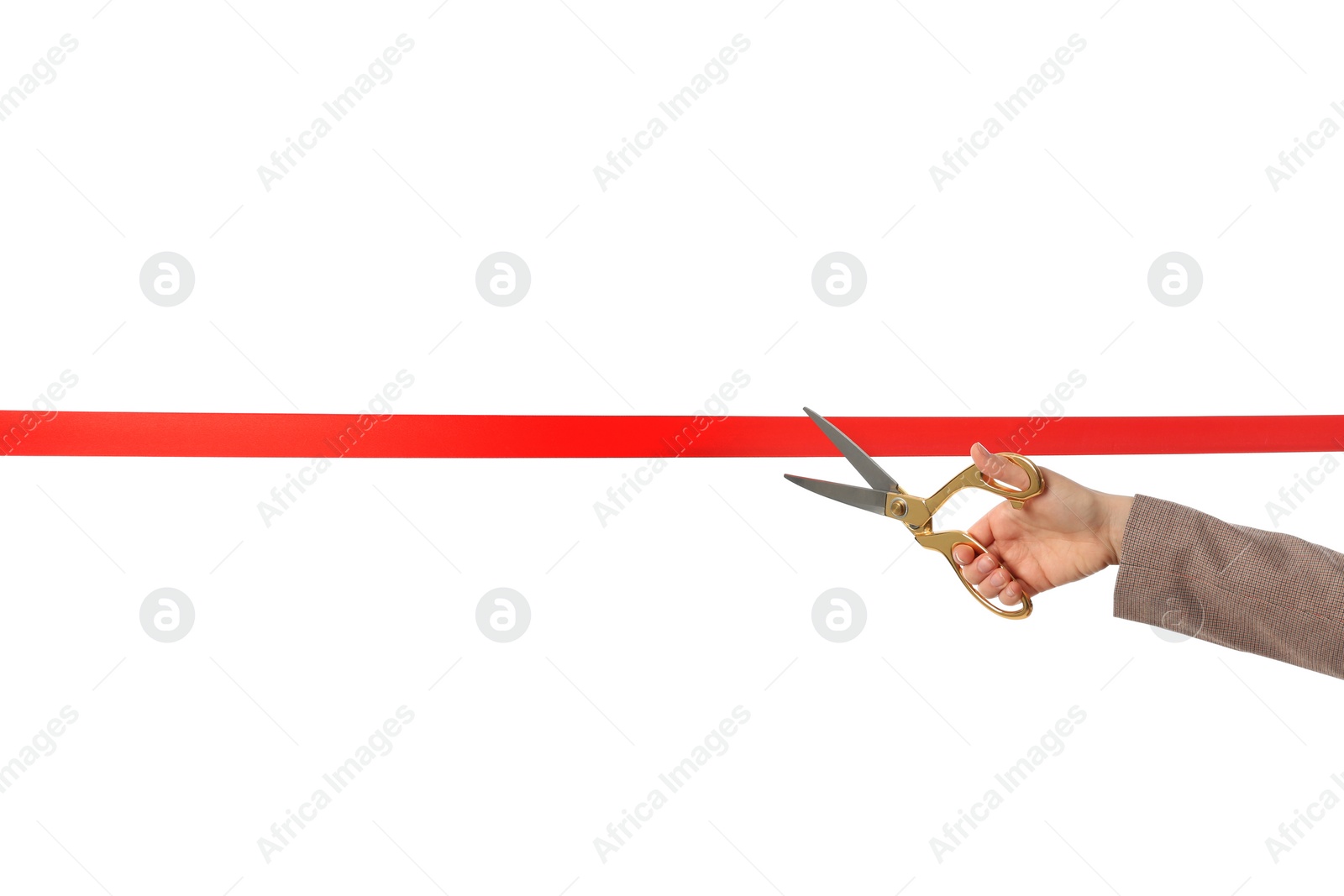 Photo of Woman in office suit cutting red ribbon isolated on white, closeup